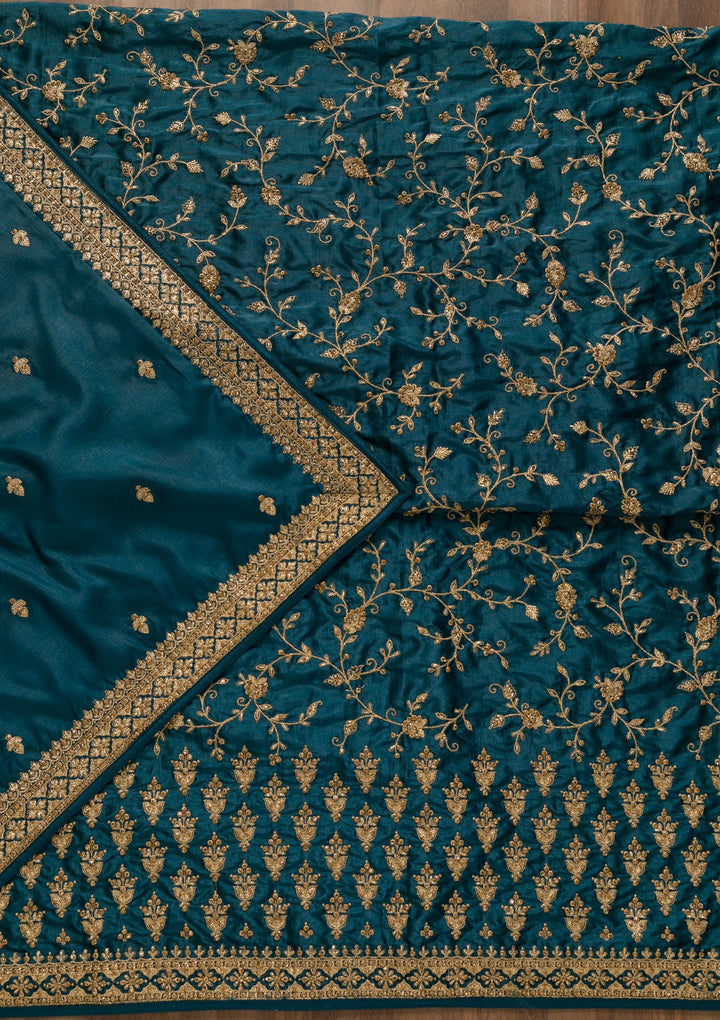 Peacock Blue Zariwork Art Silk Unstitched Salwar Kameez-Koskii