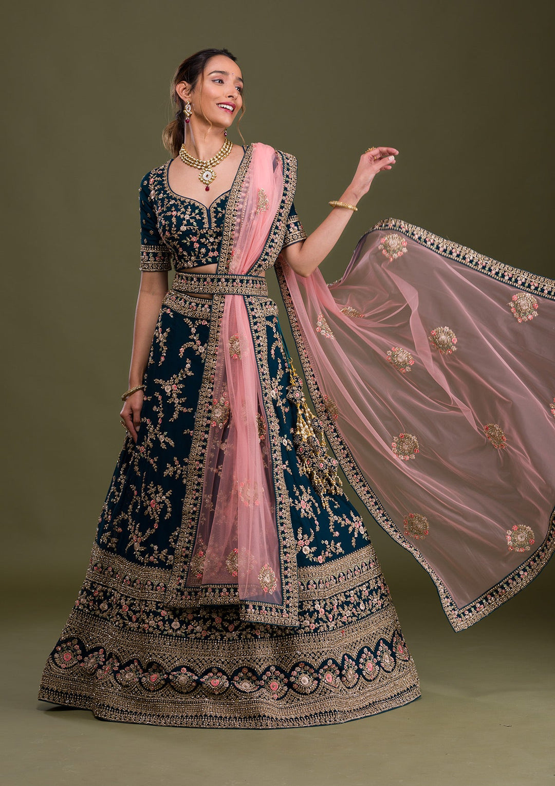 Peacock Blue Zariwork Georgette Readymade Lehenga-Koskii