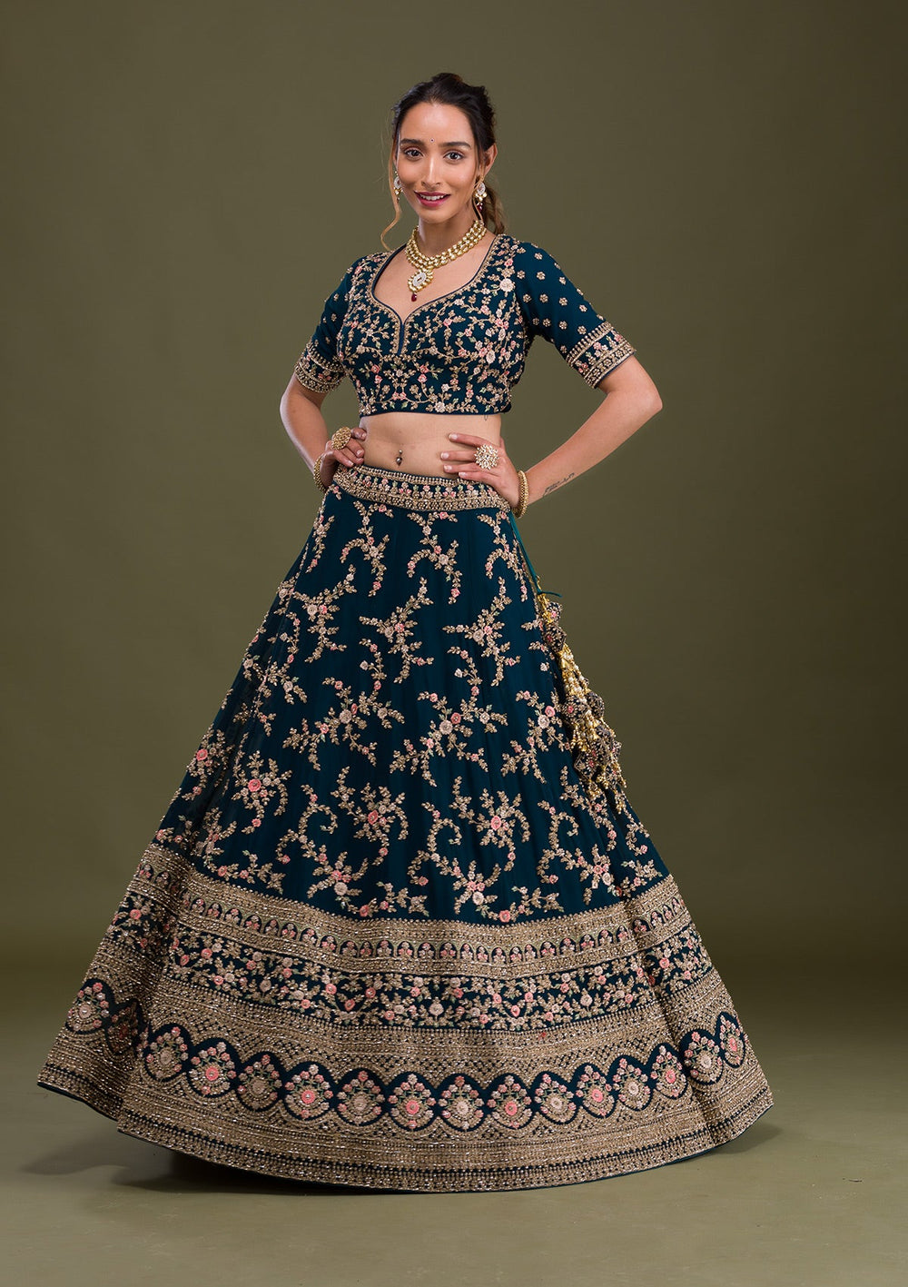 Peacock Blue Zariwork Georgette Readymade Lehenga-Koskii