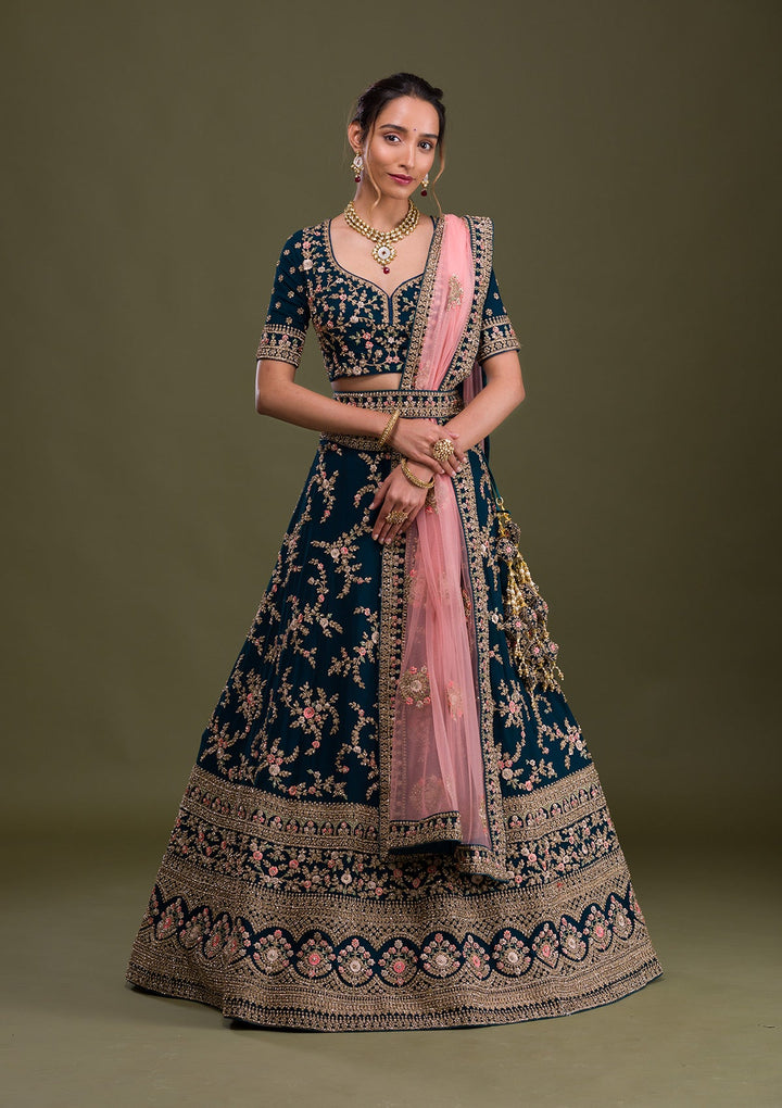 Peacock Blue Zariwork Georgette Readymade Lehenga-Koskii