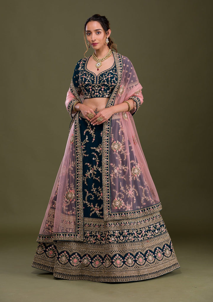 Peacock Blue Zariwork Georgette Readymade Lehenga-Koskii