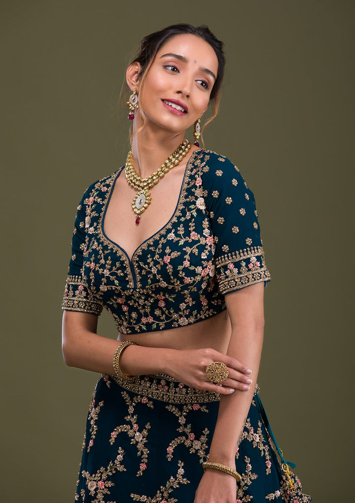 Peacock Blue Zariwork Georgette Readymade Lehenga-Koskii