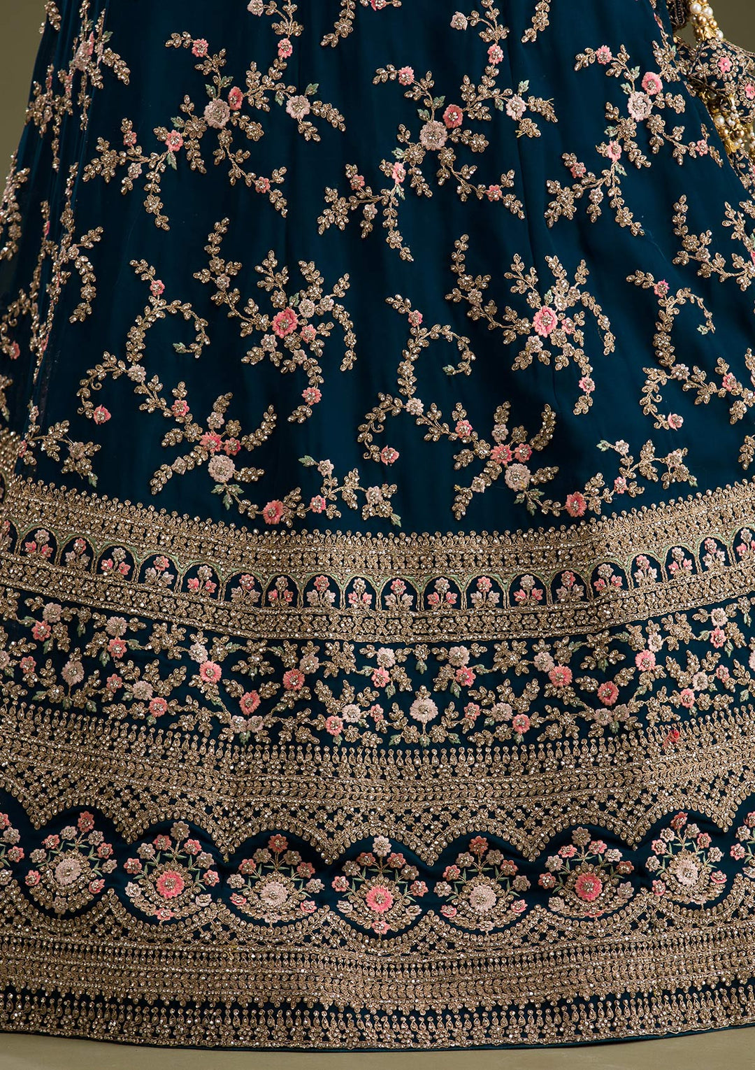 Peacock Blue Zariwork Georgette Readymade Lehenga-Koskii