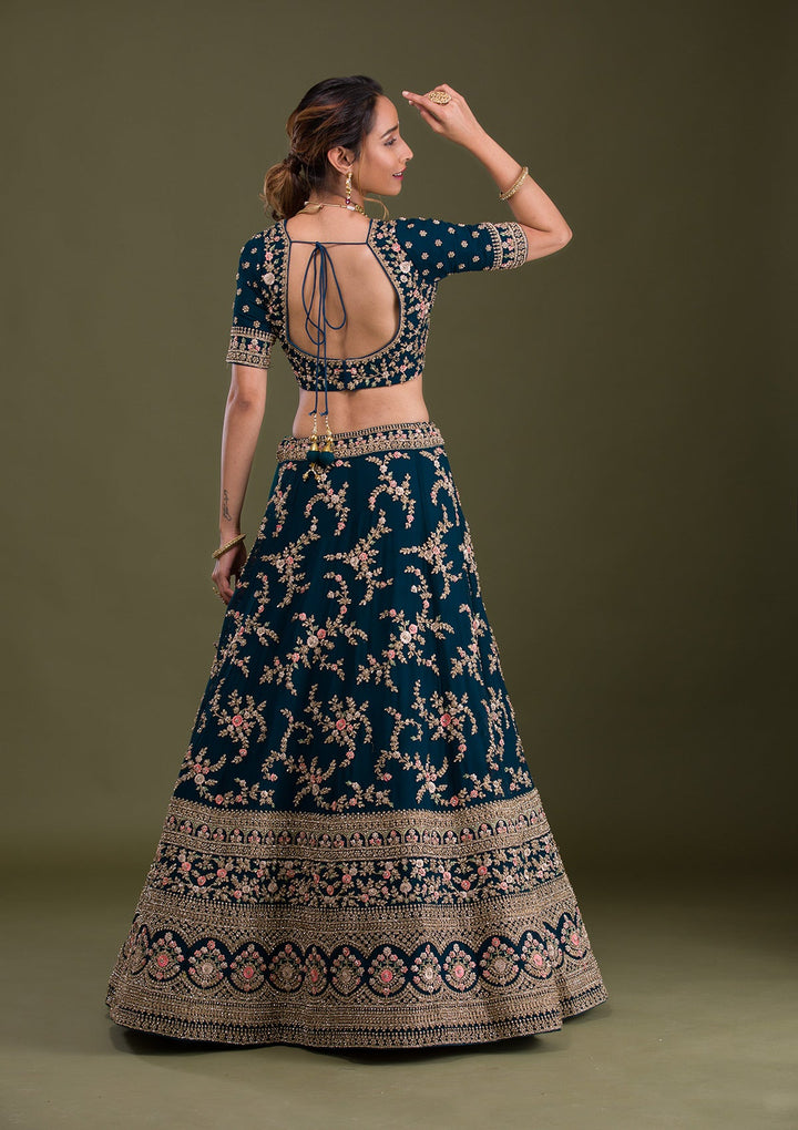Peacock Blue Zariwork Georgette Readymade Lehenga-Koskii