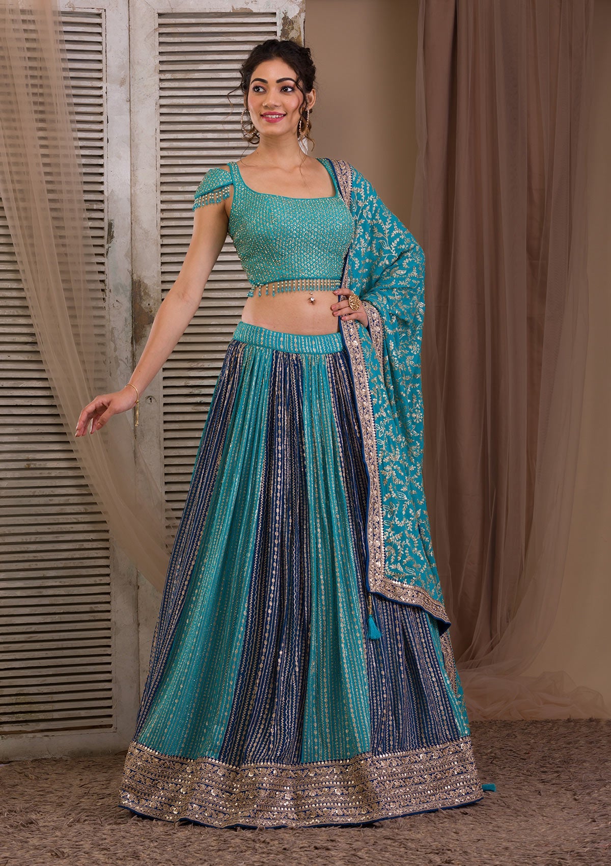 Peacock Blue Zariwork Georgette Readymade Lehenga-Koskii