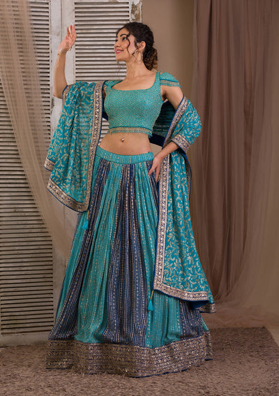 Peacock Blue Zariwork Georgette Readymade Lehenga-Koskii