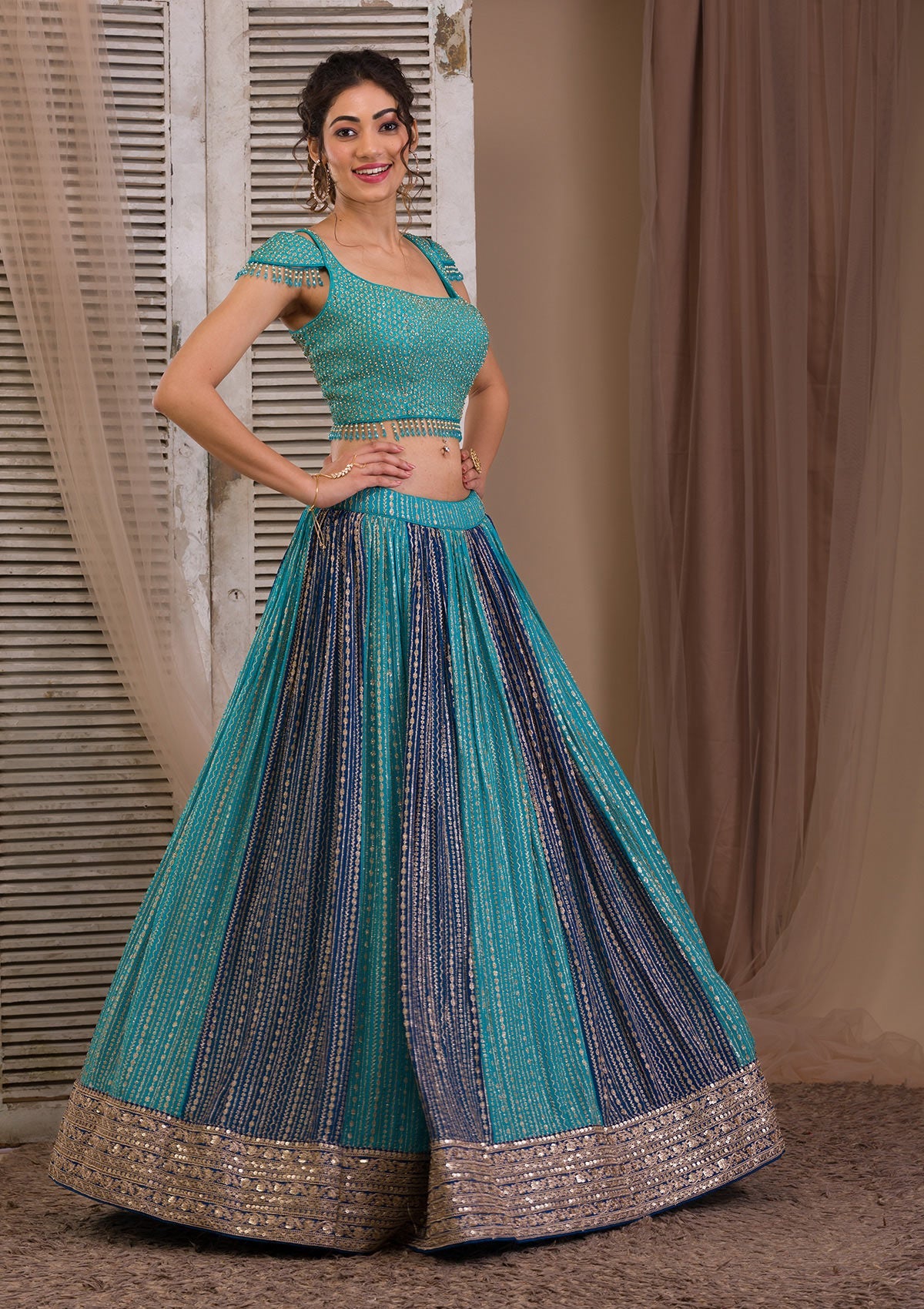 Peacock Blue Zariwork Georgette Readymade Lehenga-Koskii