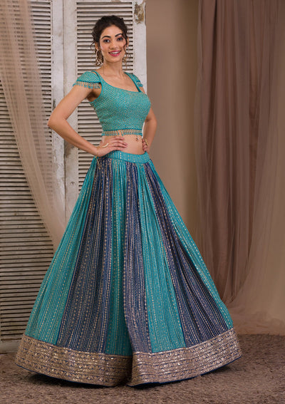 Peacock Blue Zariwork Georgette Readymade Lehenga-Koskii
