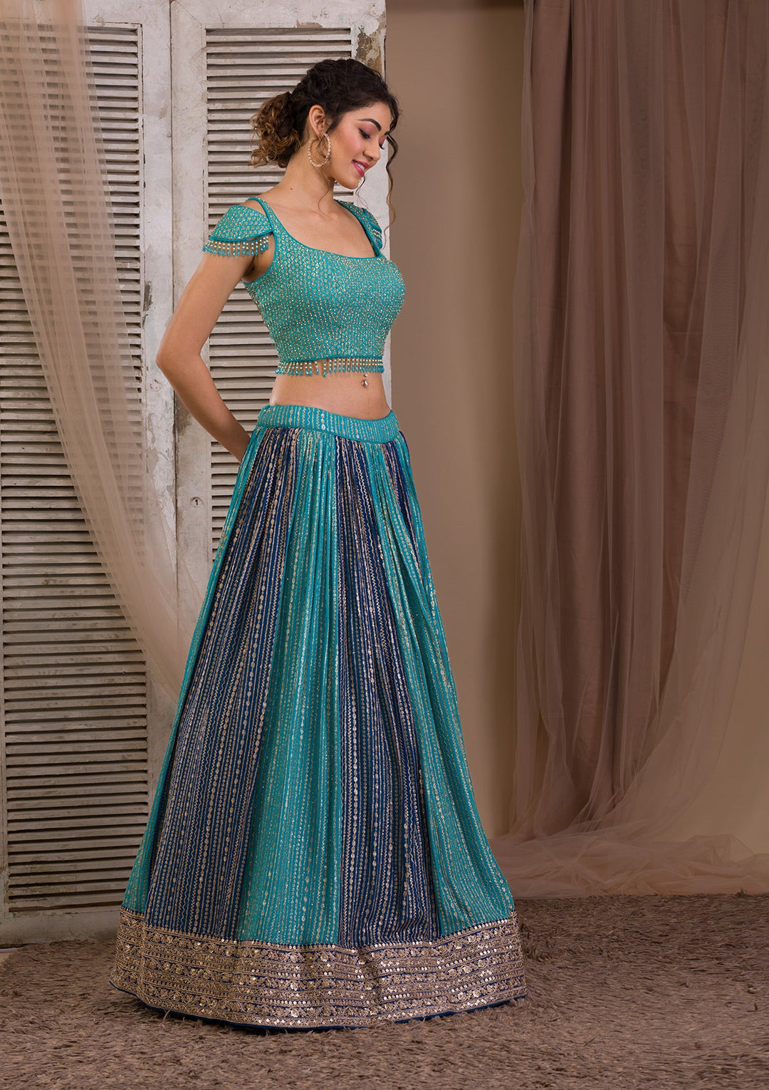 Peacock Blue Zariwork Georgette Readymade Lehenga-Koskii