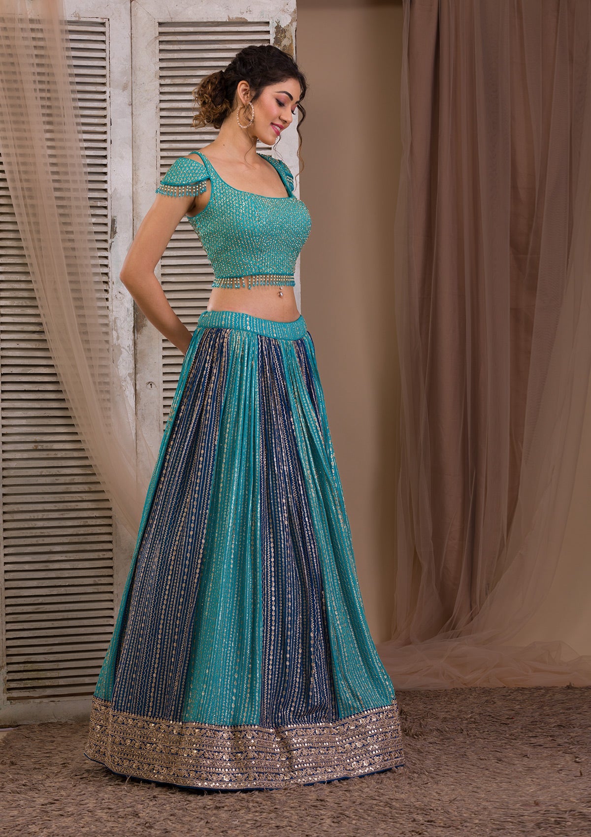 Peacock Blue Zariwork Georgette Readymade Lehenga-Koskii