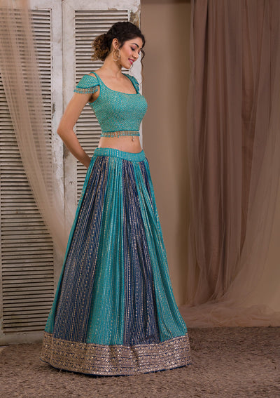 Peacock Blue Zariwork Georgette Readymade Lehenga-Koskii
