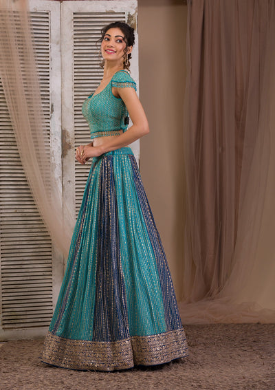 Peacock Blue Zariwork Georgette Readymade Lehenga-Koskii
