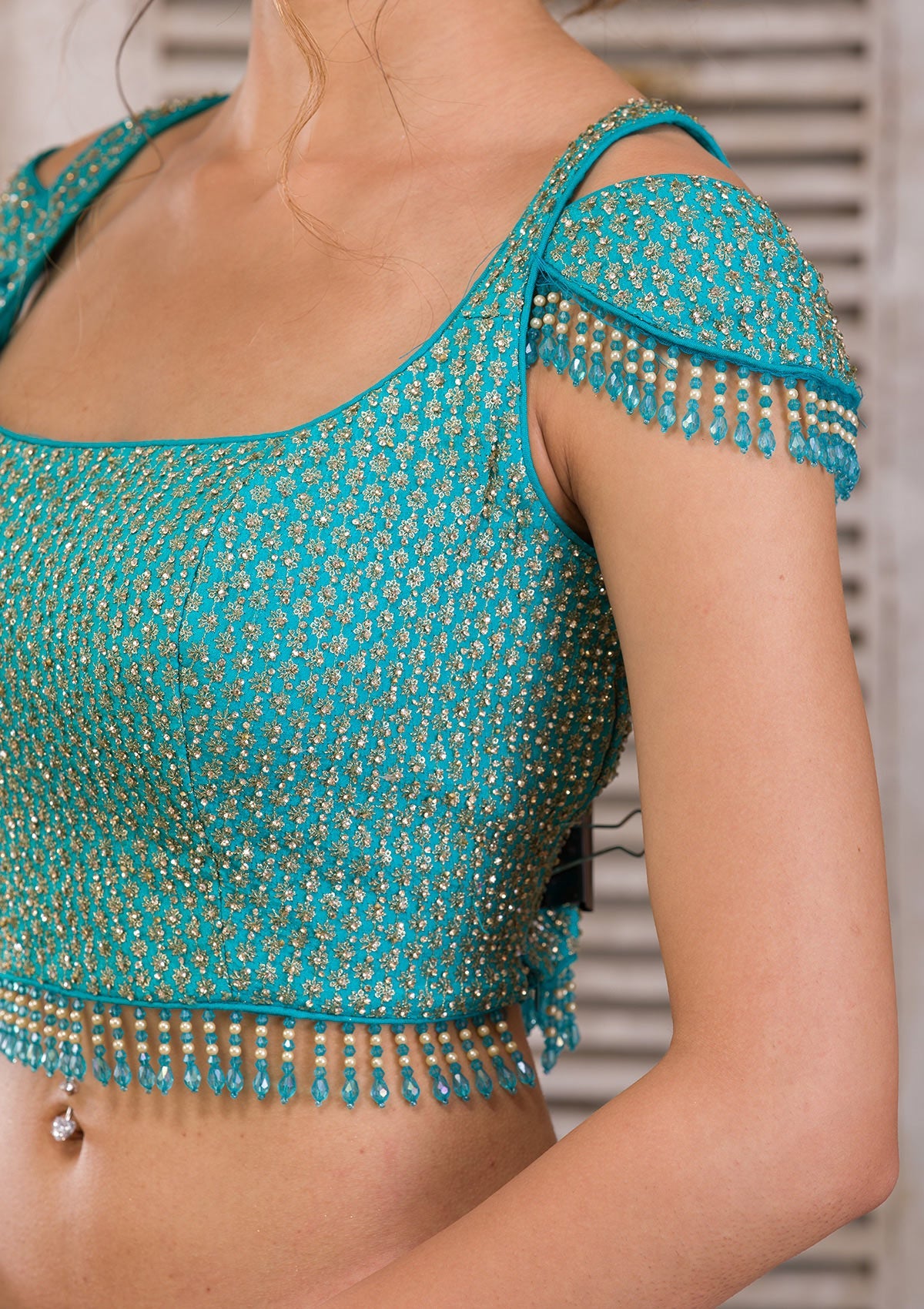 Peacock Blue Zariwork Georgette Readymade Lehenga-Koskii