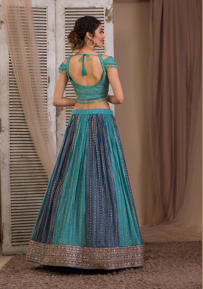 Peacock Blue Zariwork Georgette Readymade Lehenga-Koskii