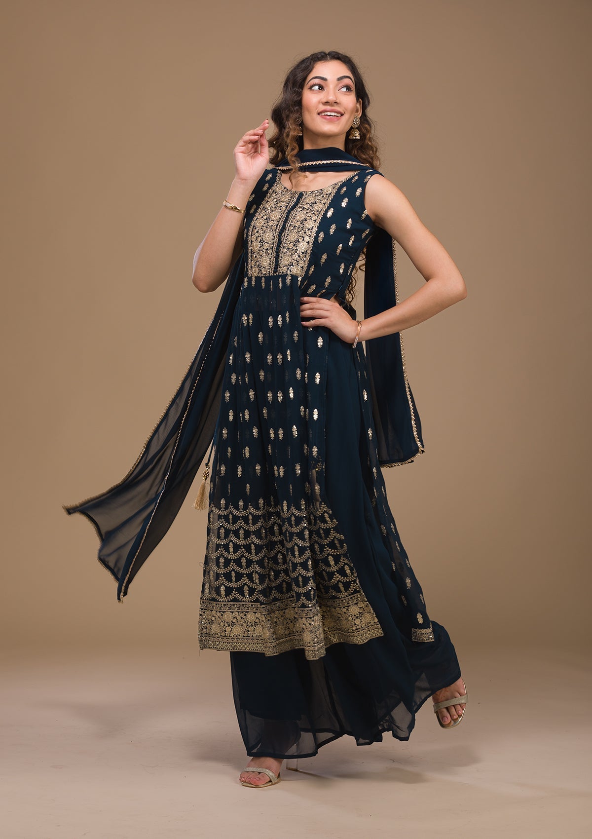 Peacock Blue Zariwork Georgette Readymade Salwar Kameez-Koskii