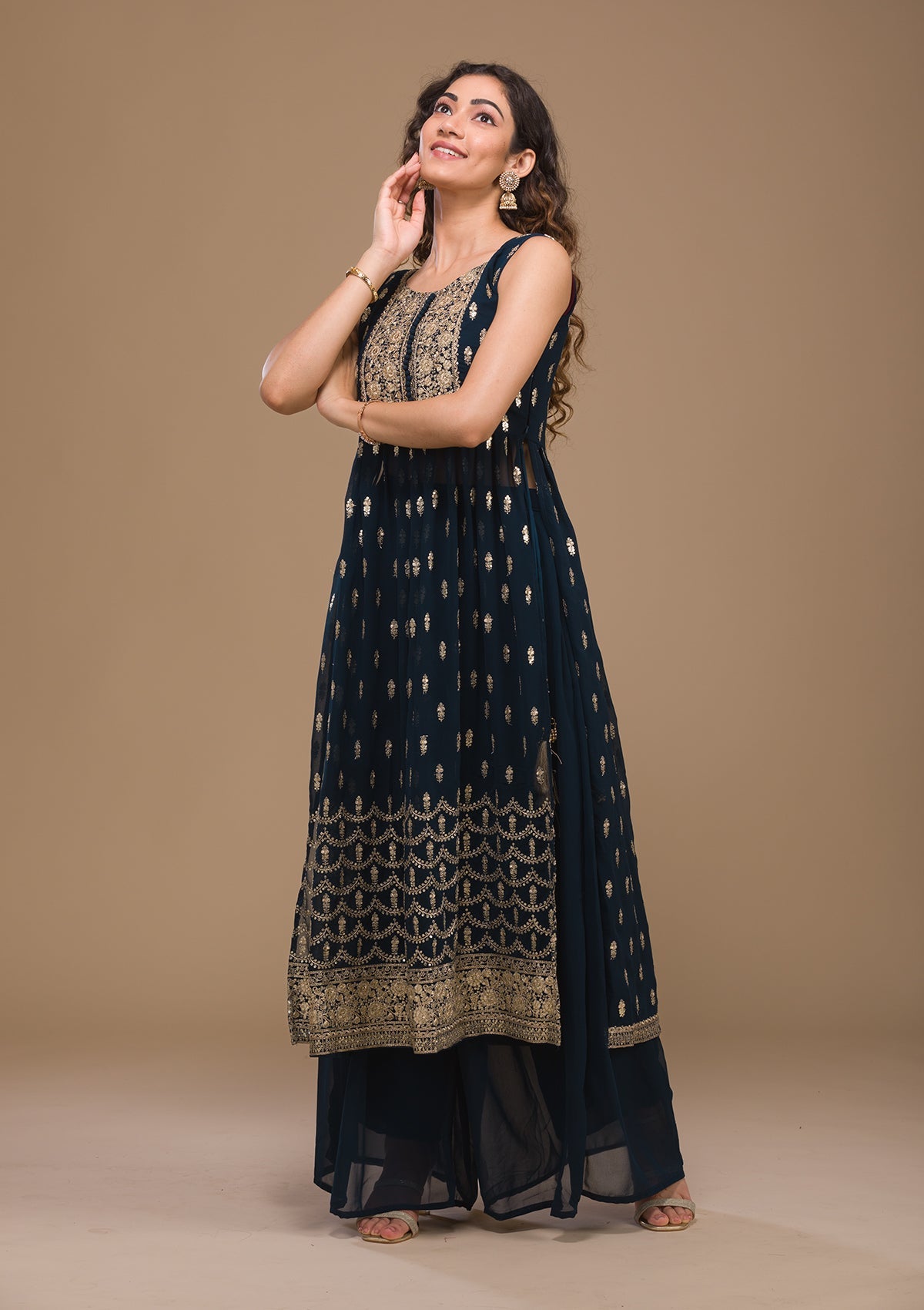 Peacock Blue Zariwork Georgette Readymade Salwar Kameez-Koskii