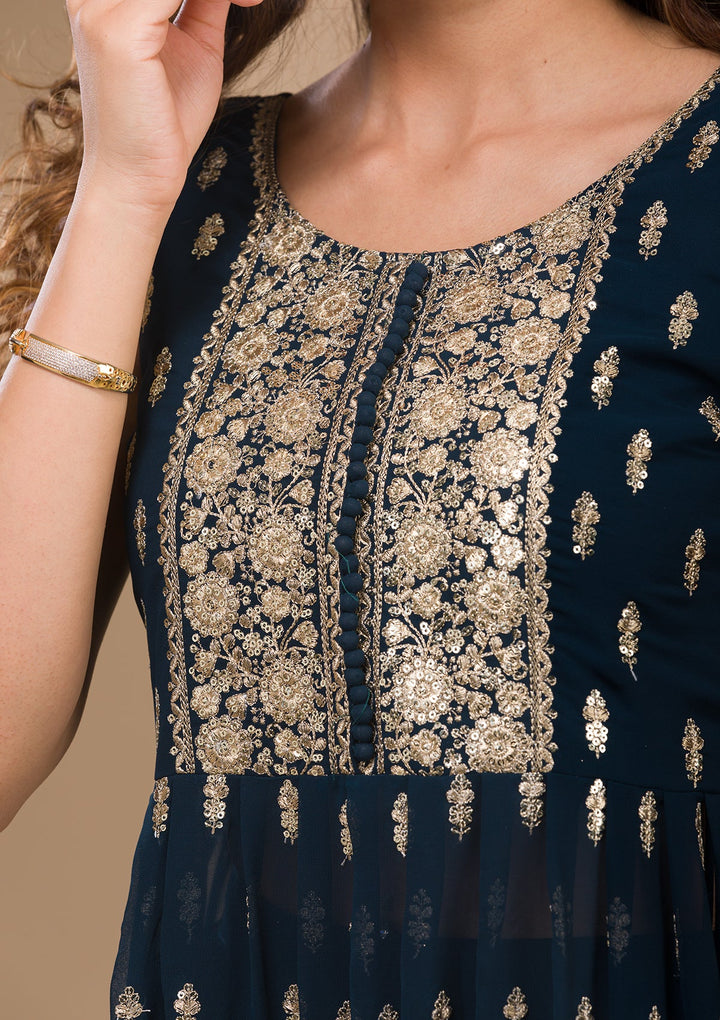 Peacock Blue Zariwork Georgette Readymade Salwar Kameez-Koskii