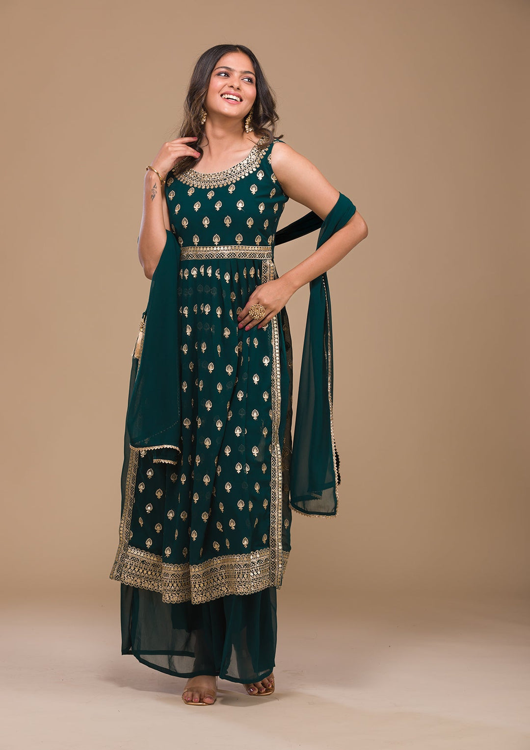 Peacock Blue Zariwork Georgette Readymade Salwar Kameez-Koskii