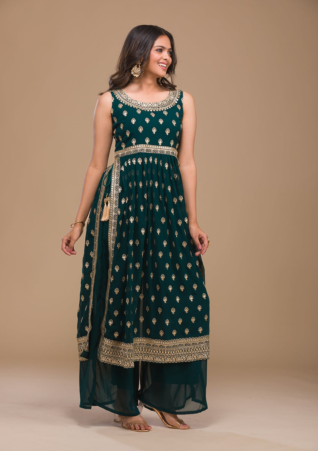 Peacock Blue Zariwork Georgette Readymade Salwar Kameez-Koskii