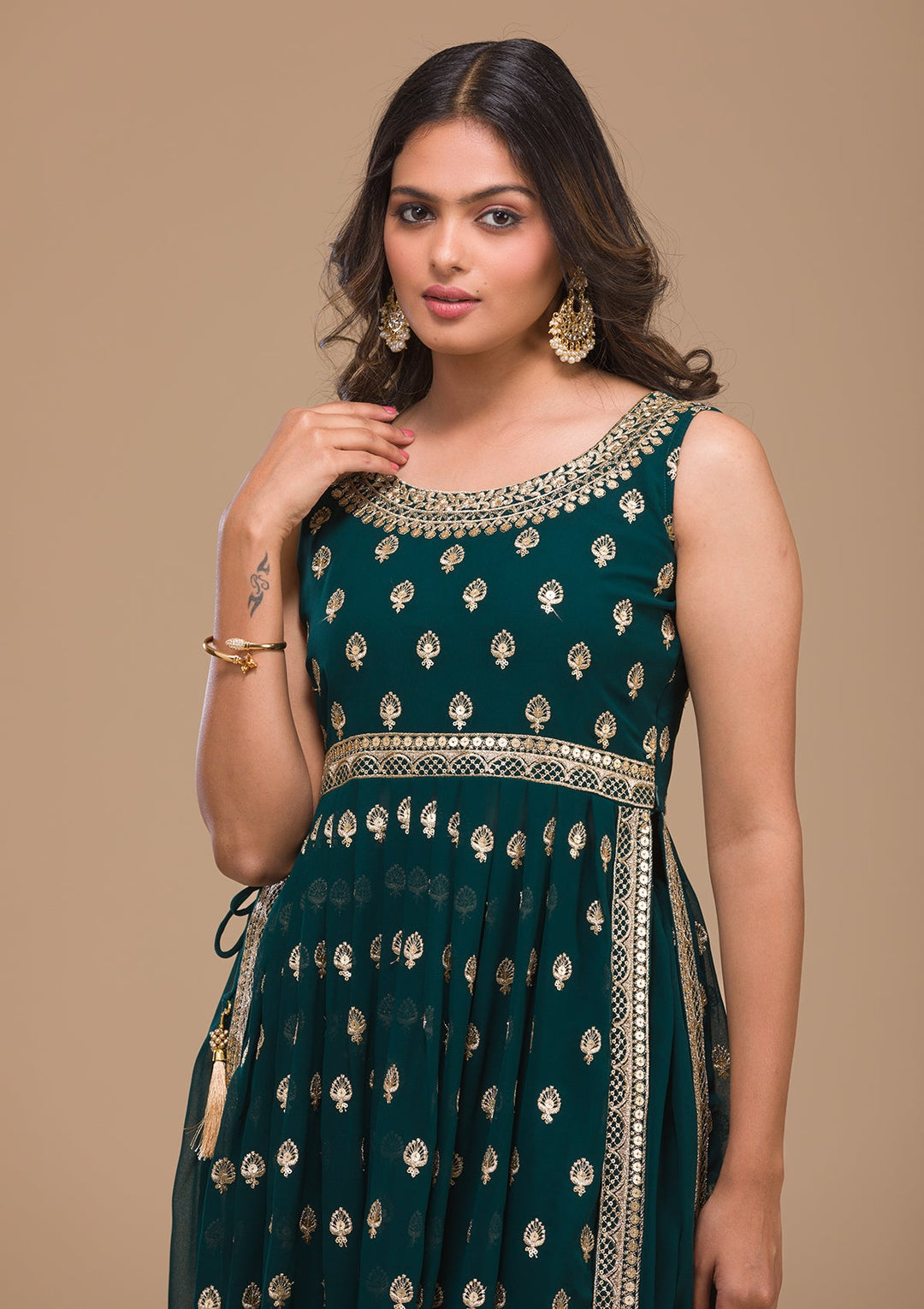 Peacock Blue Zariwork Georgette Readymade Salwar Kameez-Koskii