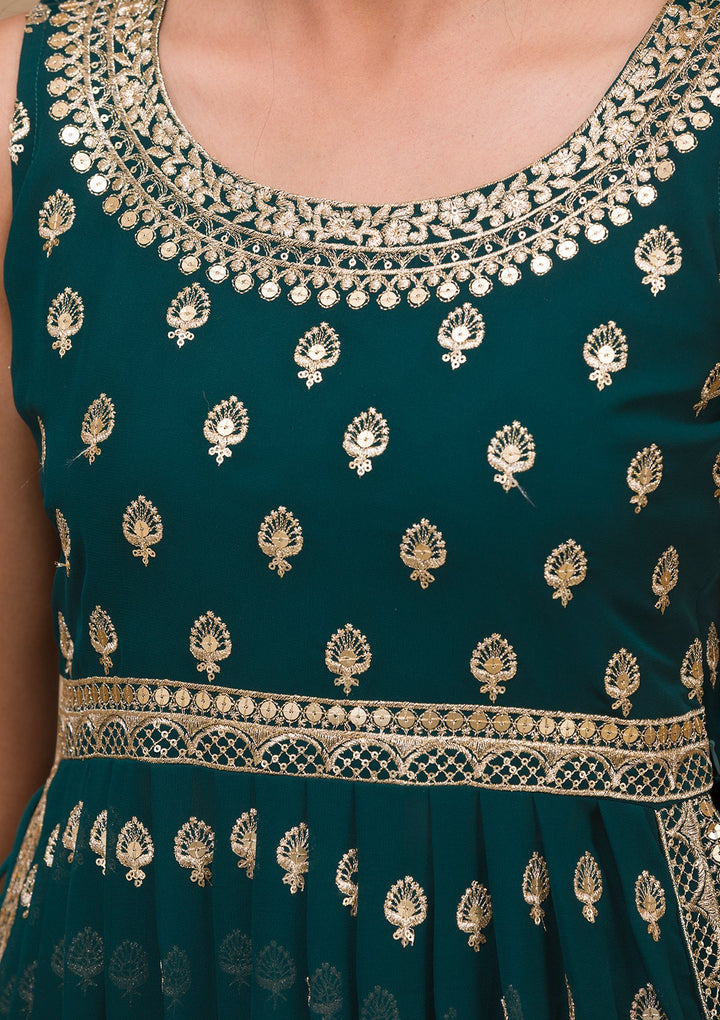 Peacock Blue Zariwork Georgette Readymade Salwar Kameez-Koskii