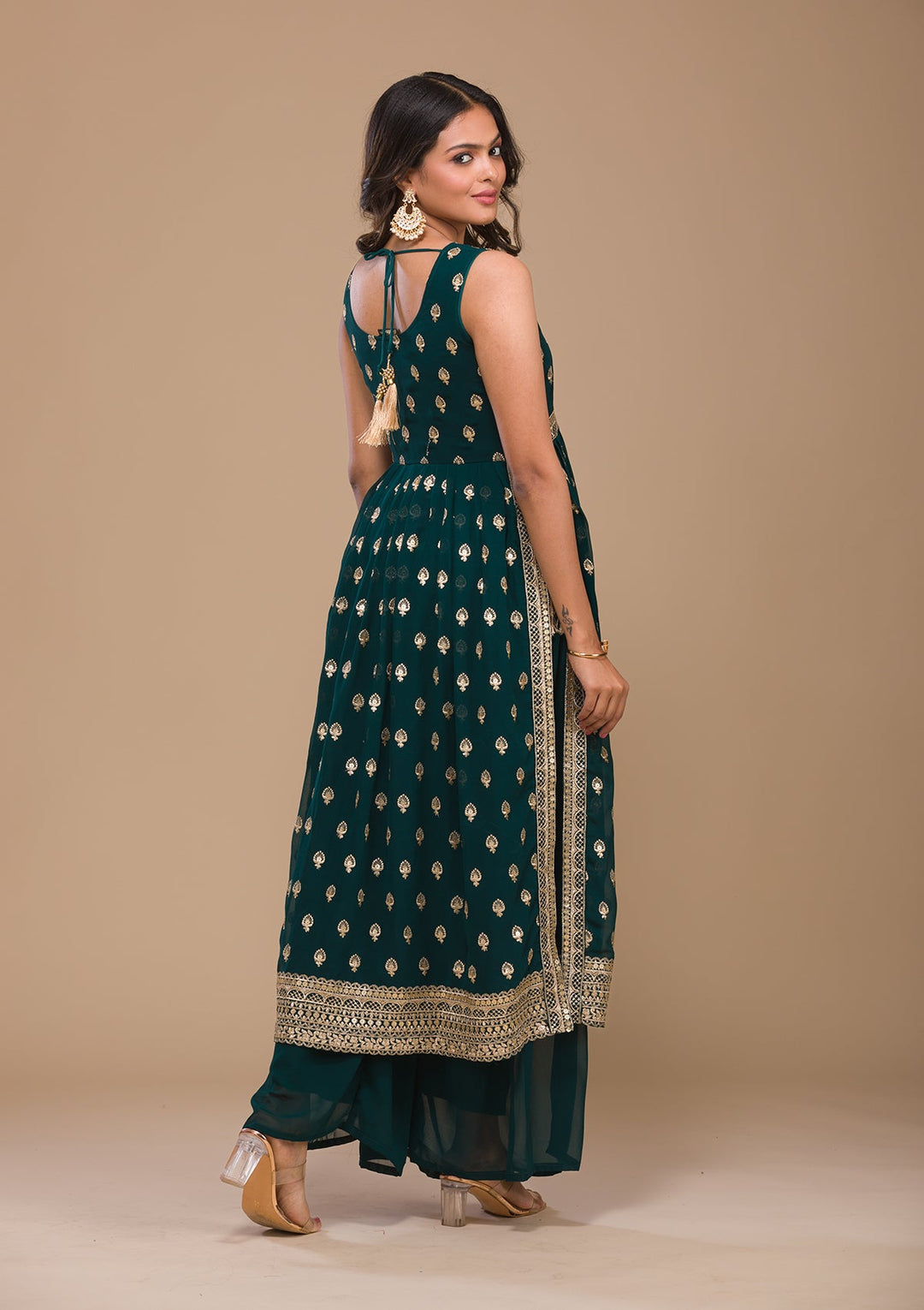 Peacock Blue Zariwork Georgette Readymade Salwar Kameez-Koskii