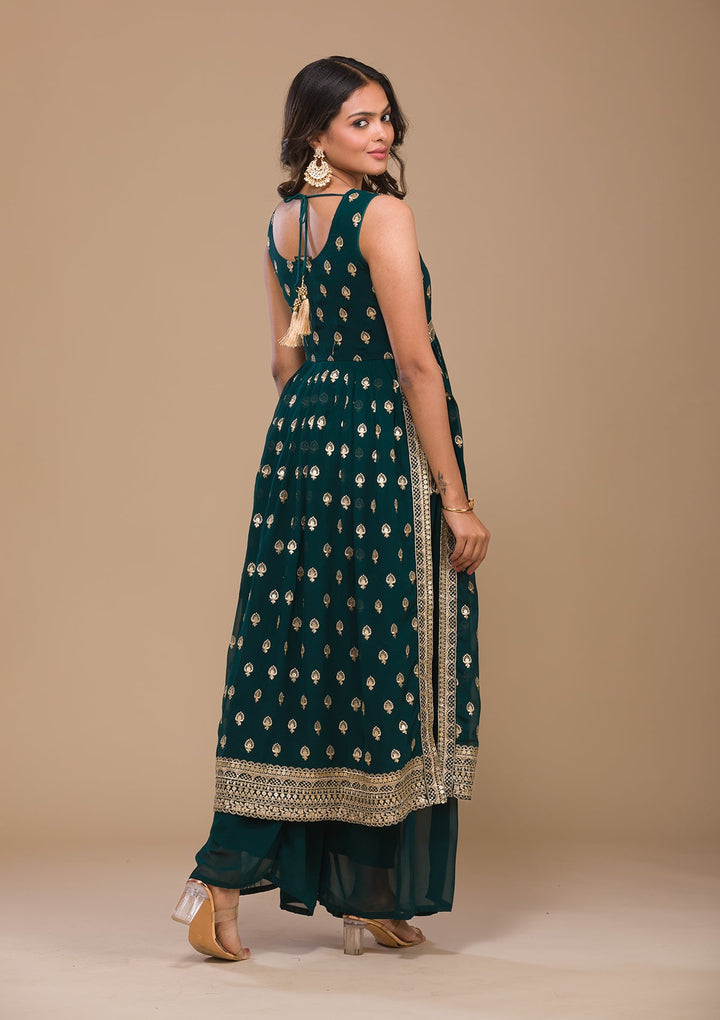 Peacock Blue Zariwork Georgette Readymade Salwar Kameez-Koskii