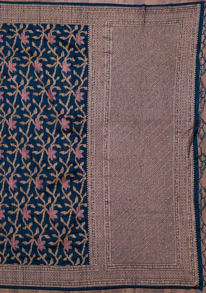 Peacock Blue Zariwork Raw Silk Saree-Koskii