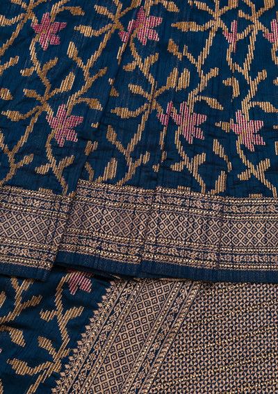 Peacock Blue Zariwork Raw Silk Saree-Koskii