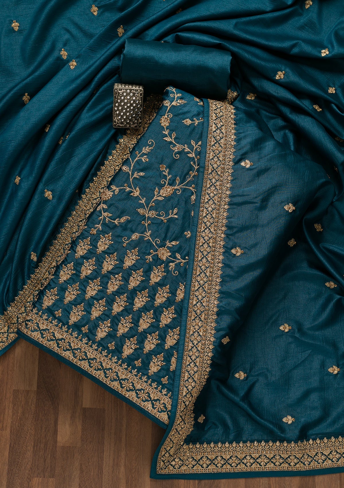 Peacock Blue Zariwork Raw Silk Unstitched Salwar Kameez-Koskii