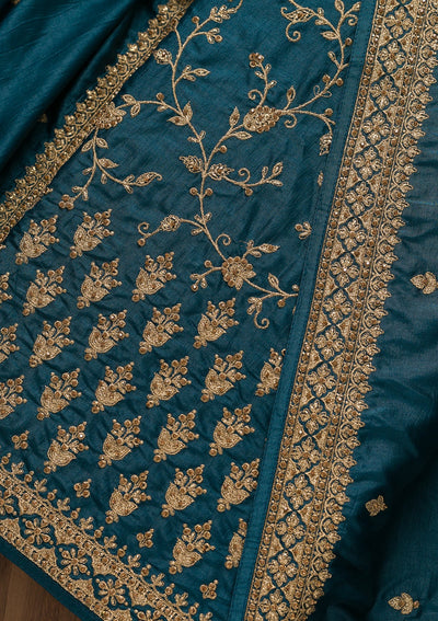 Peacock Blue Zariwork Raw Silk Unstitched Salwar Kameez-Koskii