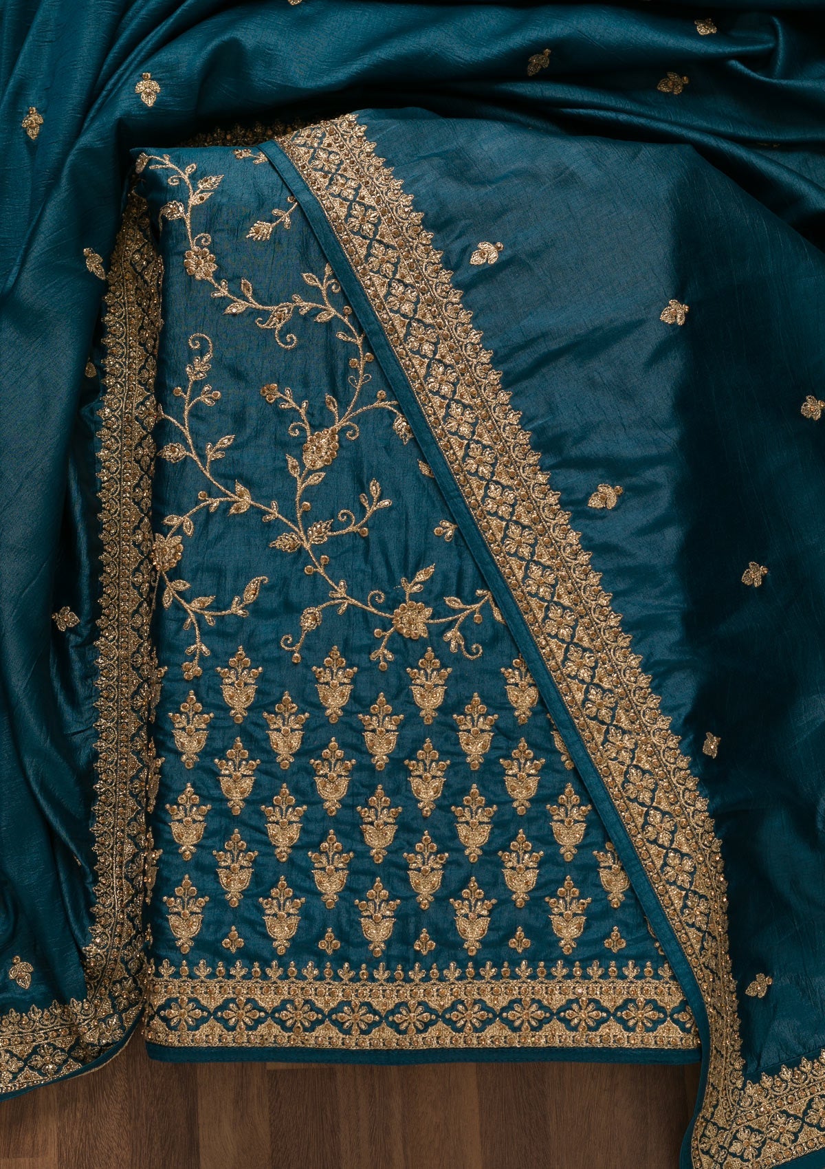Peacock Blue Zariwork Raw Silk Unstitched Salwar Kameez-Koskii