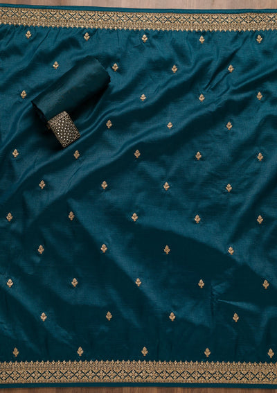 Peacock Blue Zariwork Raw Silk Unstitched Salwar Kameez-Koskii