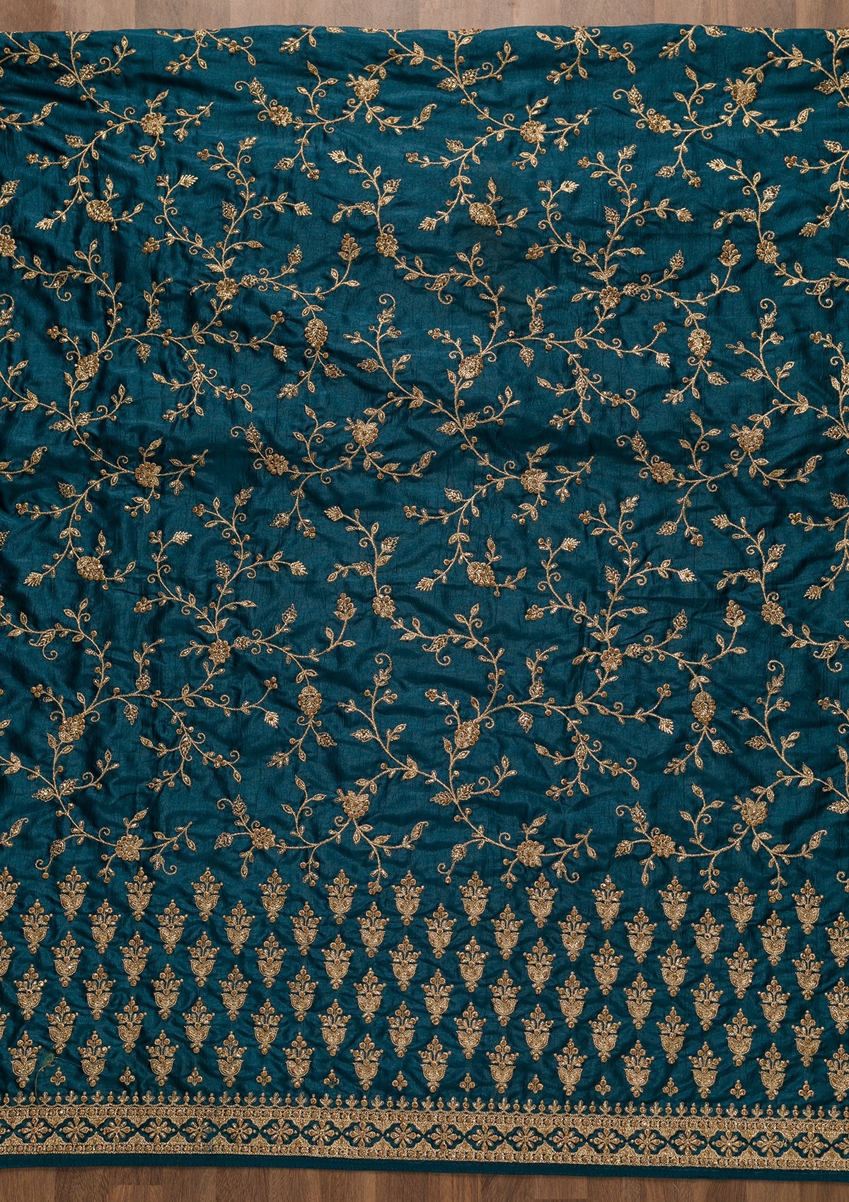 Peacock Blue Zariwork Raw Silk Unstitched Salwar Kameez-Koskii