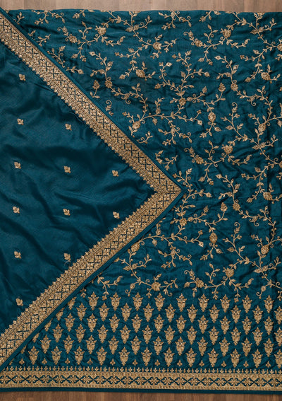 Peacock Blue Zariwork Raw Silk Unstitched Salwar Kameez-Koskii