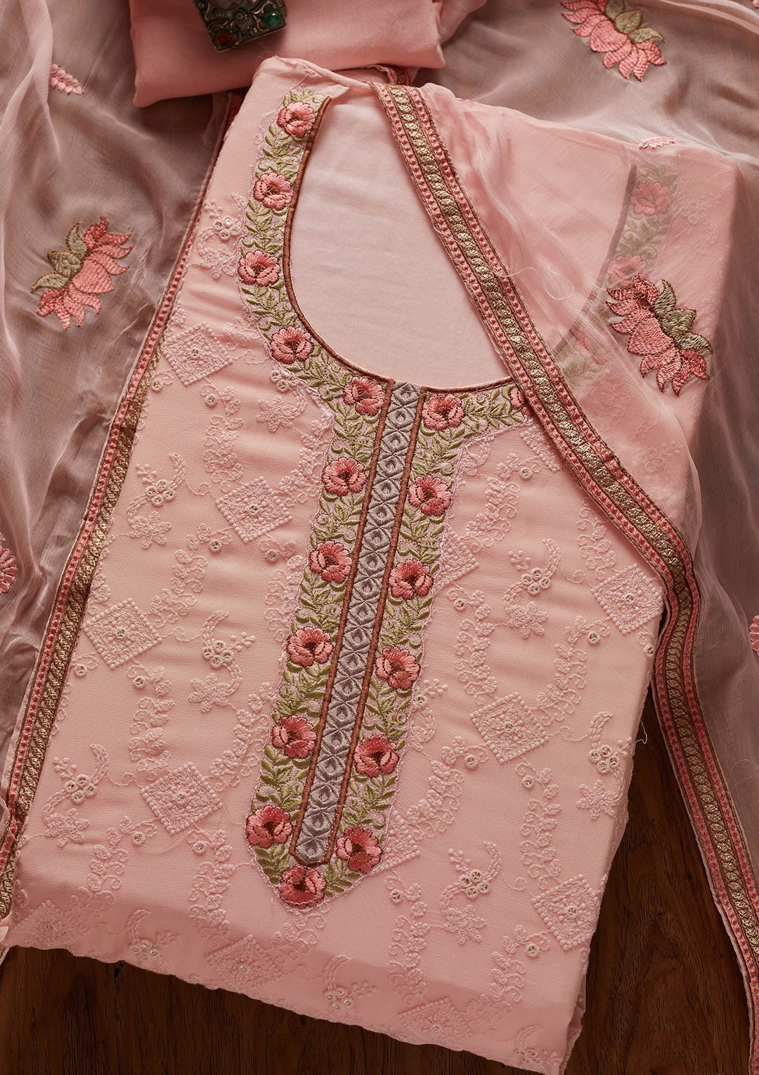 Pink Chikankari Georgette Designer Unstitched Salwar Suit - koskii