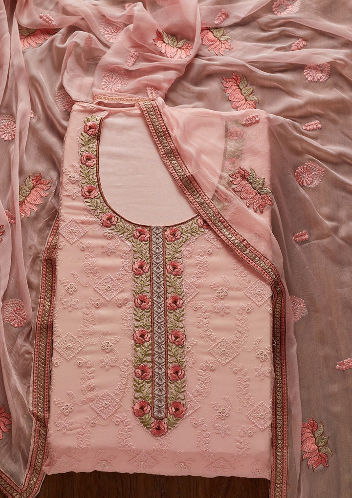 Pink Chikankari Georgette Designer Unstitched Salwar Suit - koskii