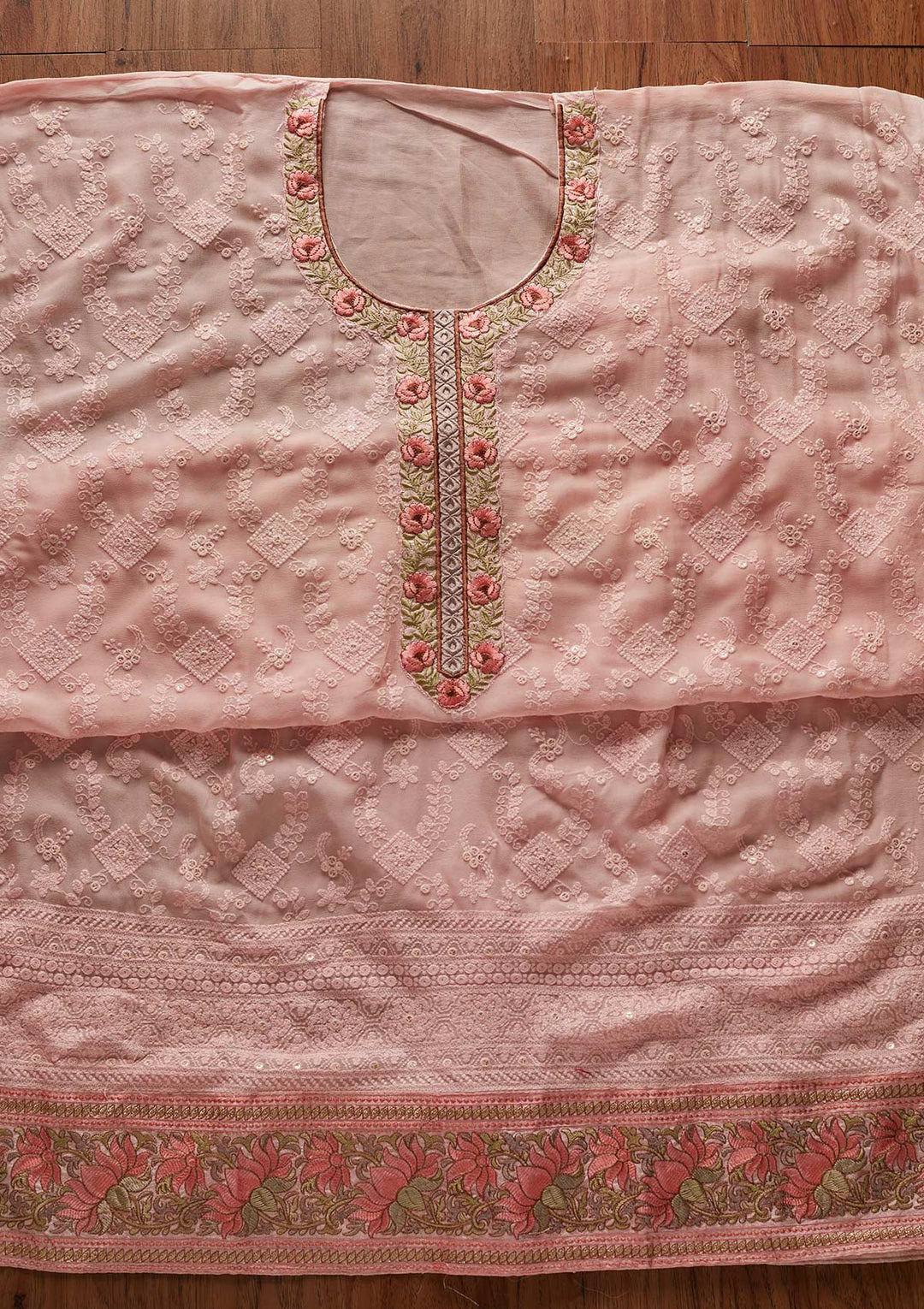 Pink Chikankari Georgette Designer Unstitched Salwar Suit - koskii