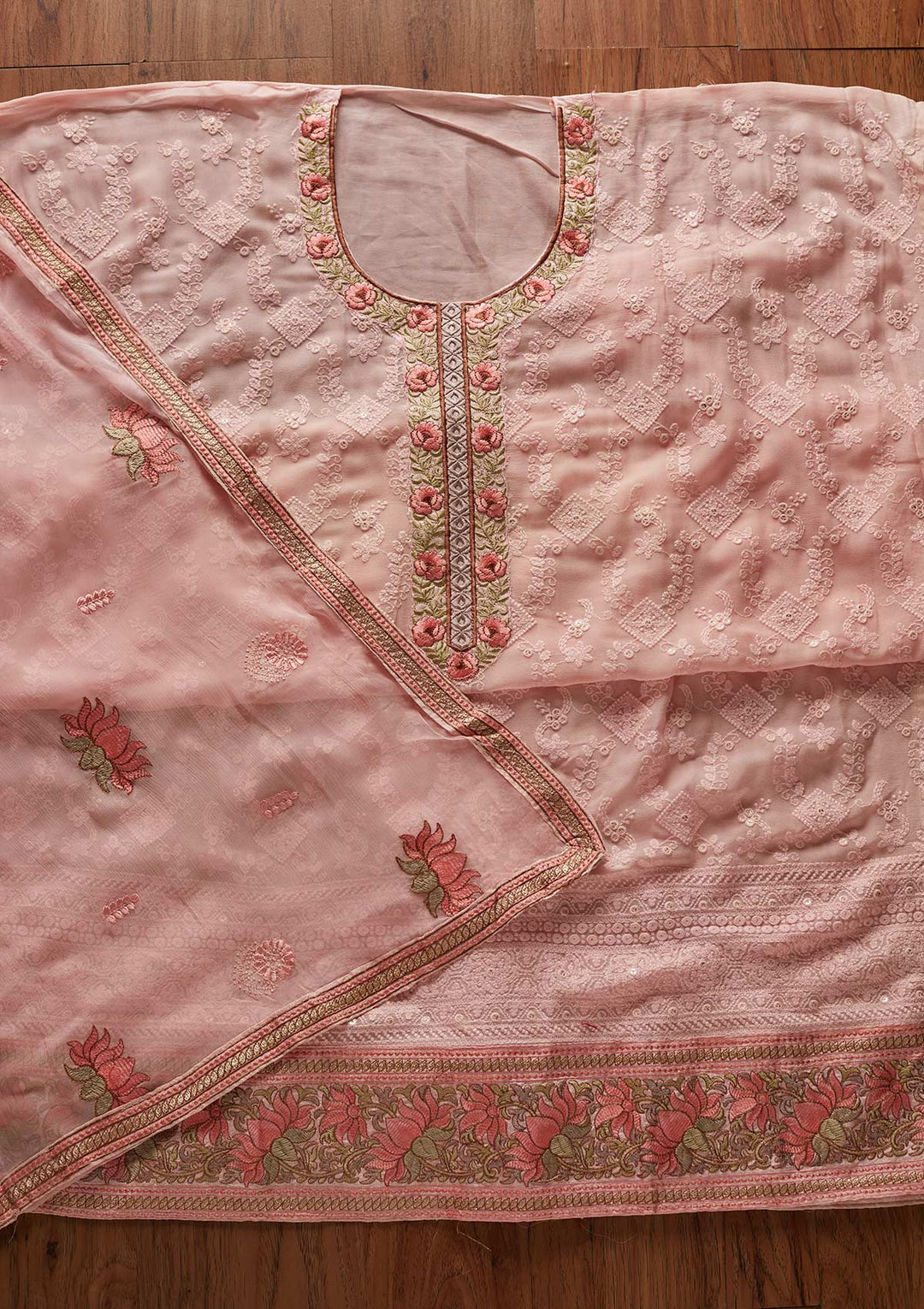 Pink Chikankari Georgette Designer Unstitched Salwar Suit - koskii
