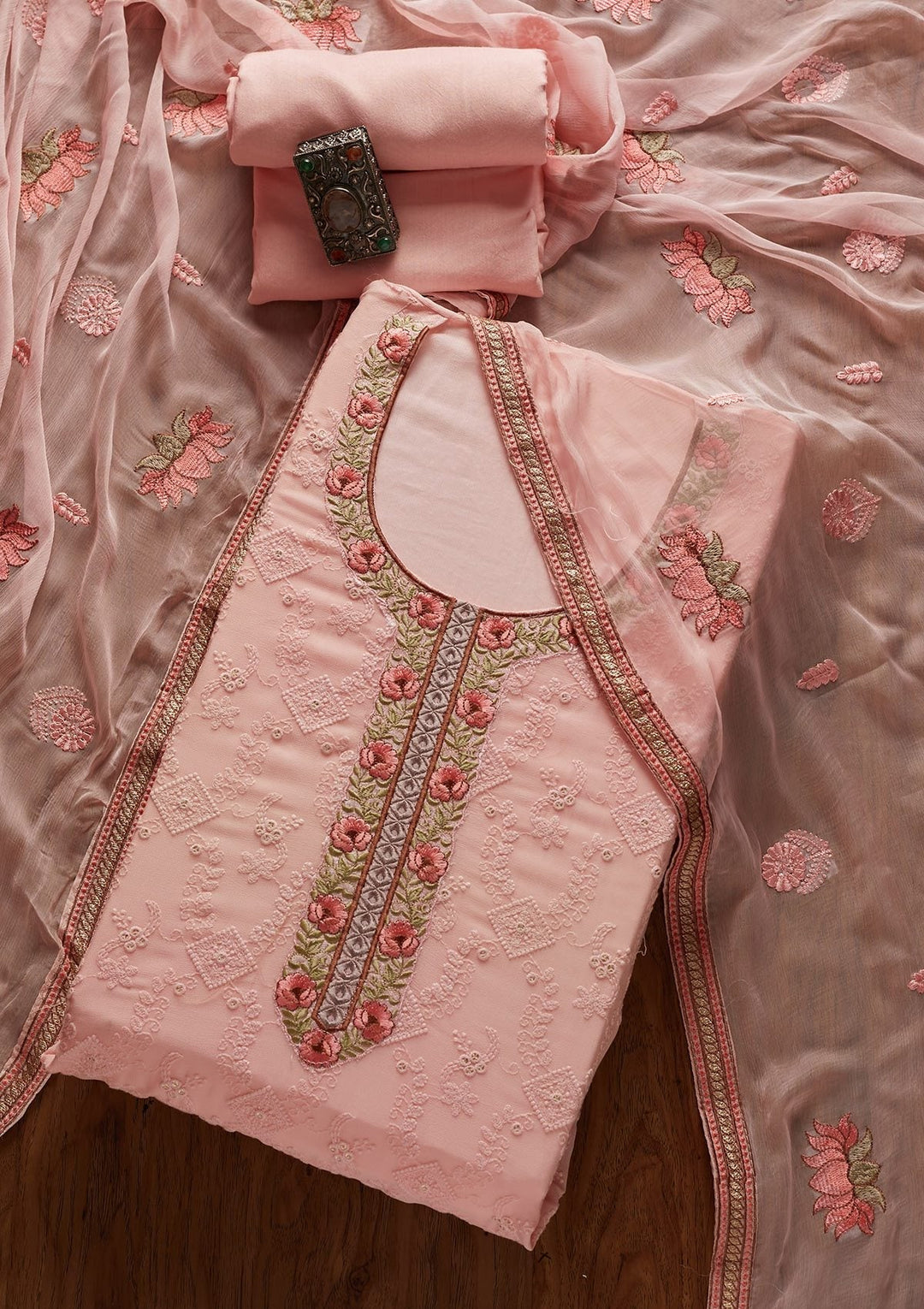Pink Chikankari Georgette Designer Unstitched Salwar Suit - koskii