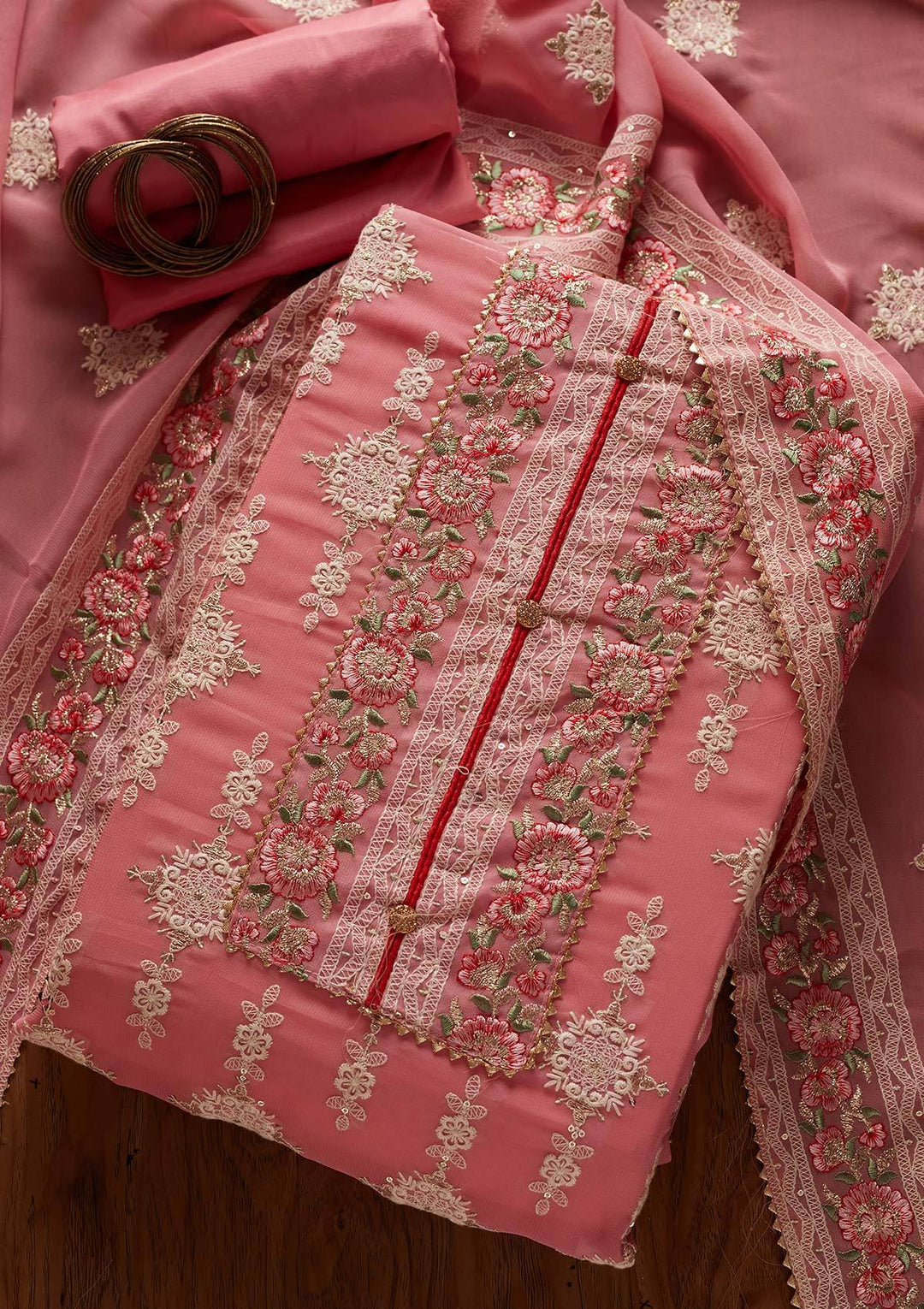 Pink Chikankari Georgette Designer Unstitched Salwar Suit - koskii