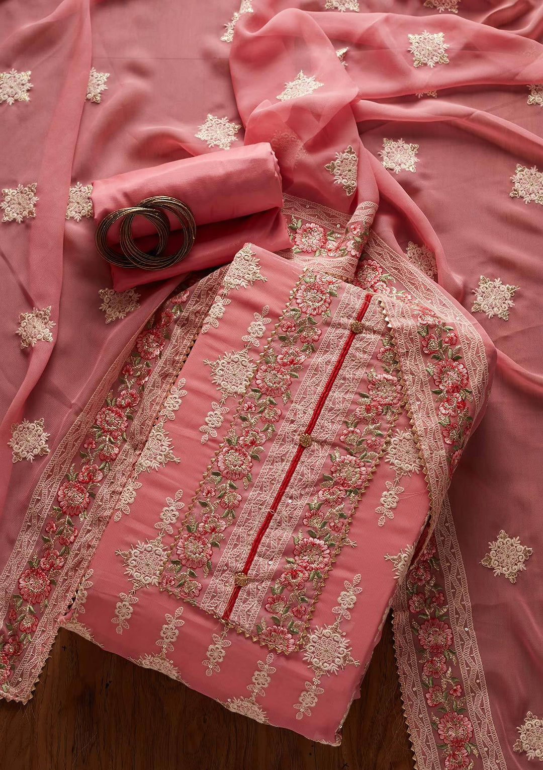 Pink Chikankari Georgette Designer Unstitched Salwar Suit - koskii