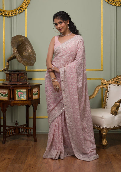 Pink Chikankari Georgette Saree-Koskii