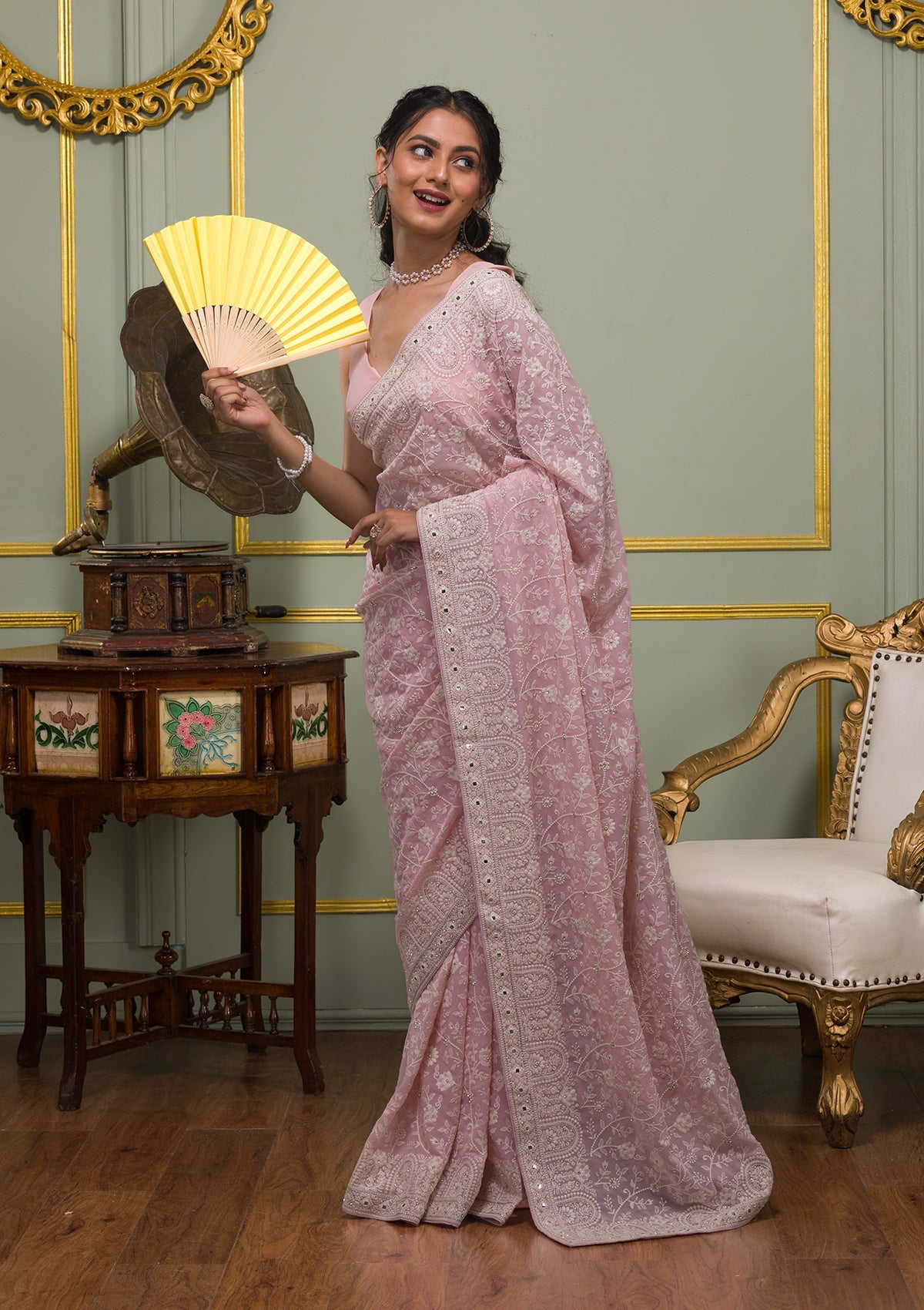 Pink Chikankari Georgette Saree-Koskii