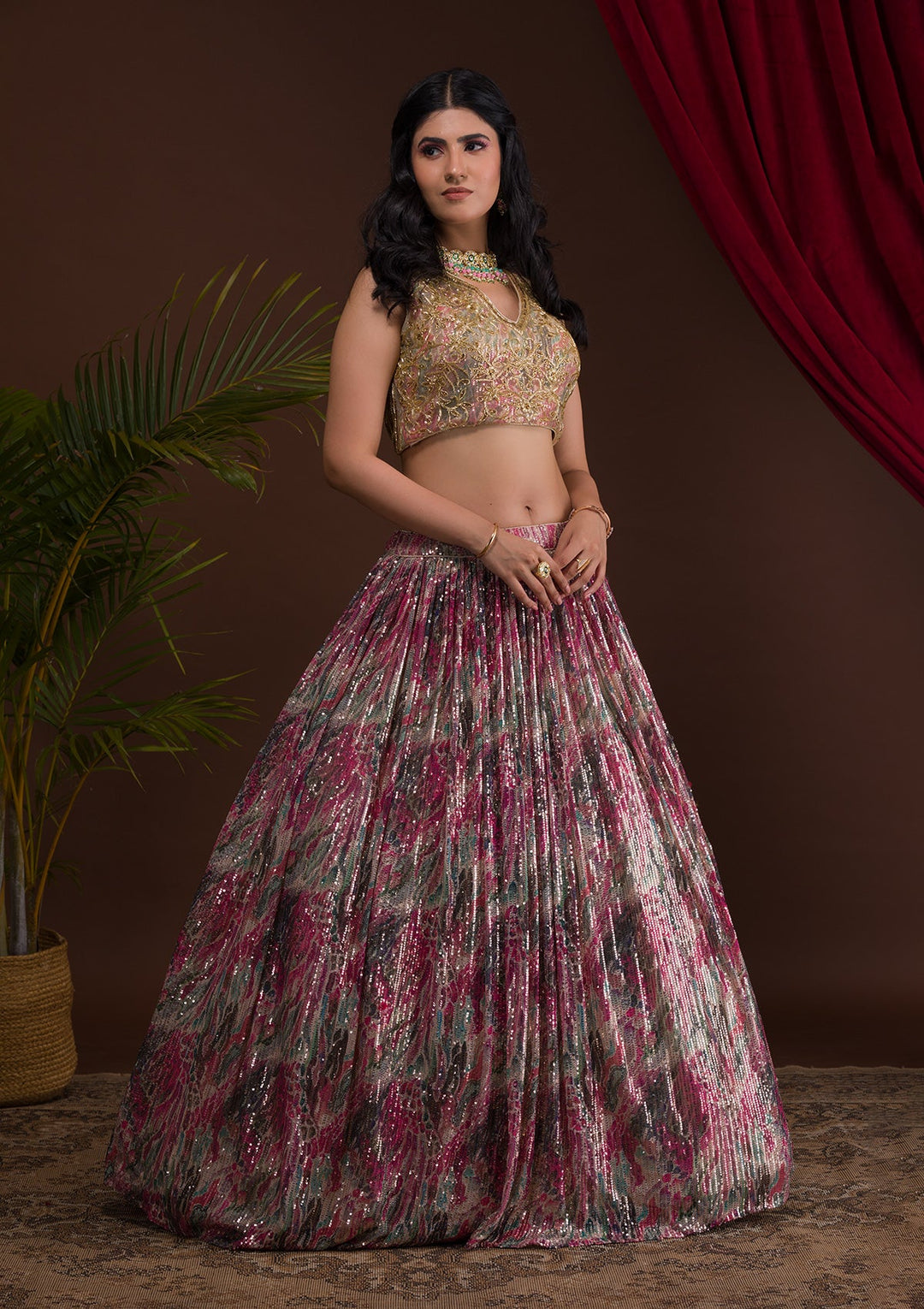 Pink Cutdana Net Readymade Lehenga-Koskii