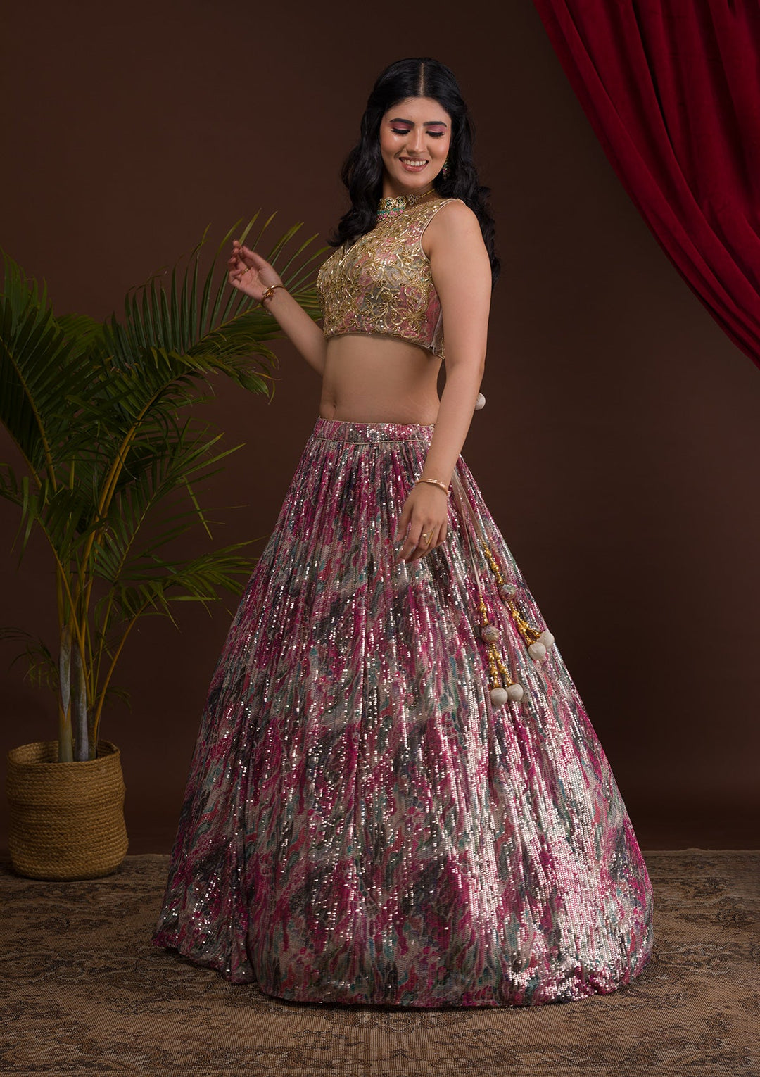 Pink Cutdana Net Readymade Lehenga-Koskii