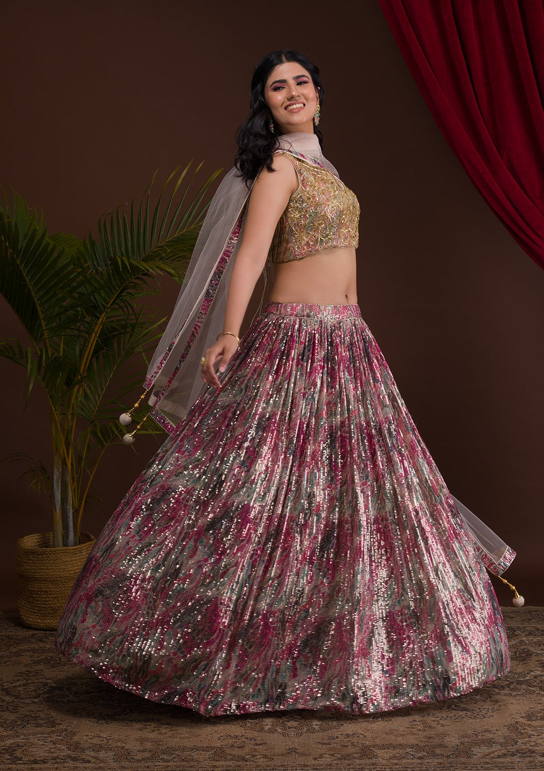 Pink Cutdana Net Readymade Lehenga-Koskii
