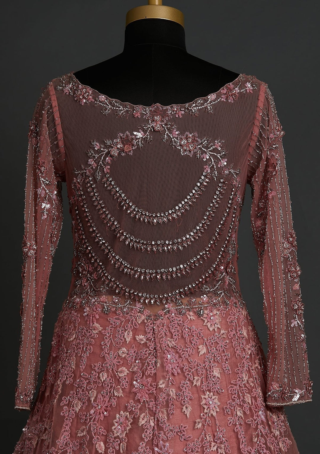 Pink Cutdana Net Designer Gown - koskii