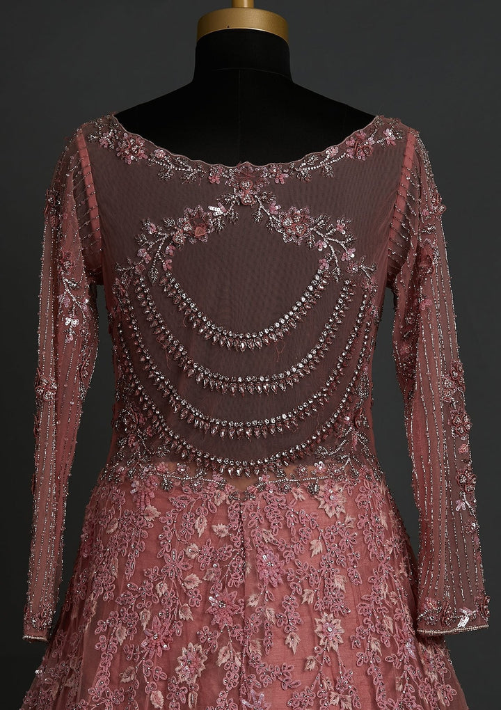 Pink Cutdana Net Designer Gown - koskii