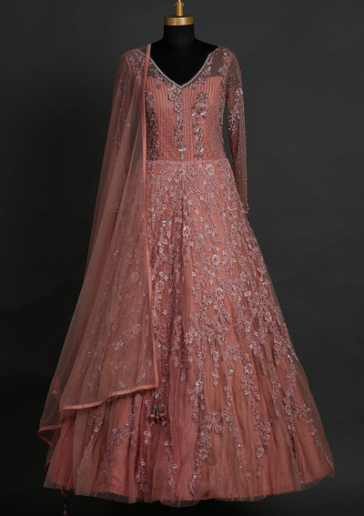 Pink Cutdana Net Designer Gown - koskii